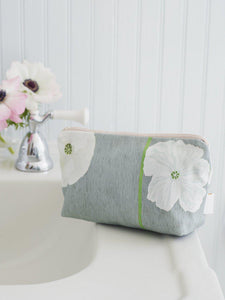Makeup Bag: White Poppies on Grey