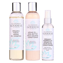 Load image into Gallery viewer, Organic Argan Oil Hair Treatment Trio, Hydrating Shampoo, Deep Conditioner, and Hair Shine Spray
